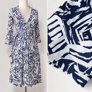 Vintage 70s Wrap Dress Midi M Navy Blue White Abstract Fit & Flare Made In USA